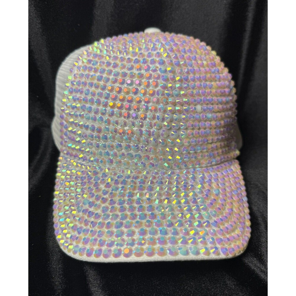 Women's Studded plastic AB Rhinestone Baseball Cap Adjustable Mesh White Hat